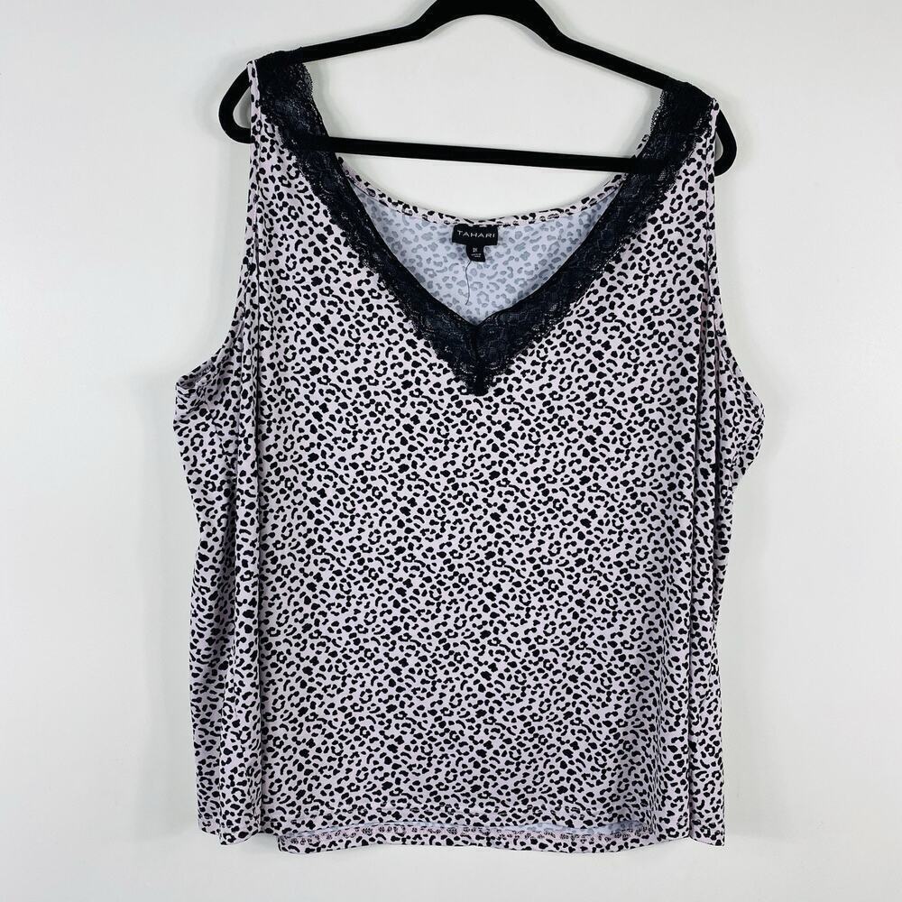 Tahari Plus Size 3X Animal Print Lace Trim Pajama Tank Top Pink Black Leopard
